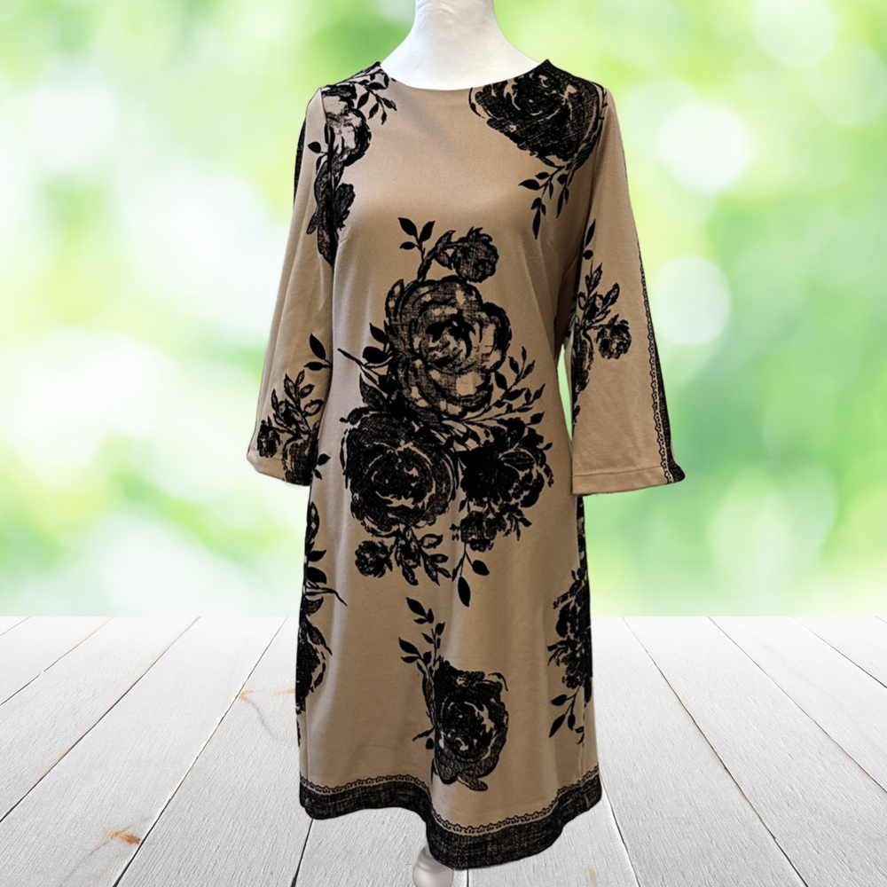 Vintage SIGNATURE ROBBIE BEE Dress Sz10 Tan Black Rose Shift Y2K Office Stretch